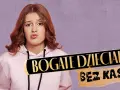 Dziewczyna w różowej bluzie z miną wyrażającą niezadowolenie, obok napis "BOGATE DZIECIAKI BEZ KASY".