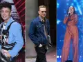 Trzech polskich piosenkarzy: młody artysta w błękitnej marynarce, mężczyzna w dżinsowej kurtce i kobieta w błyszczącym kombinezonie na scenie.