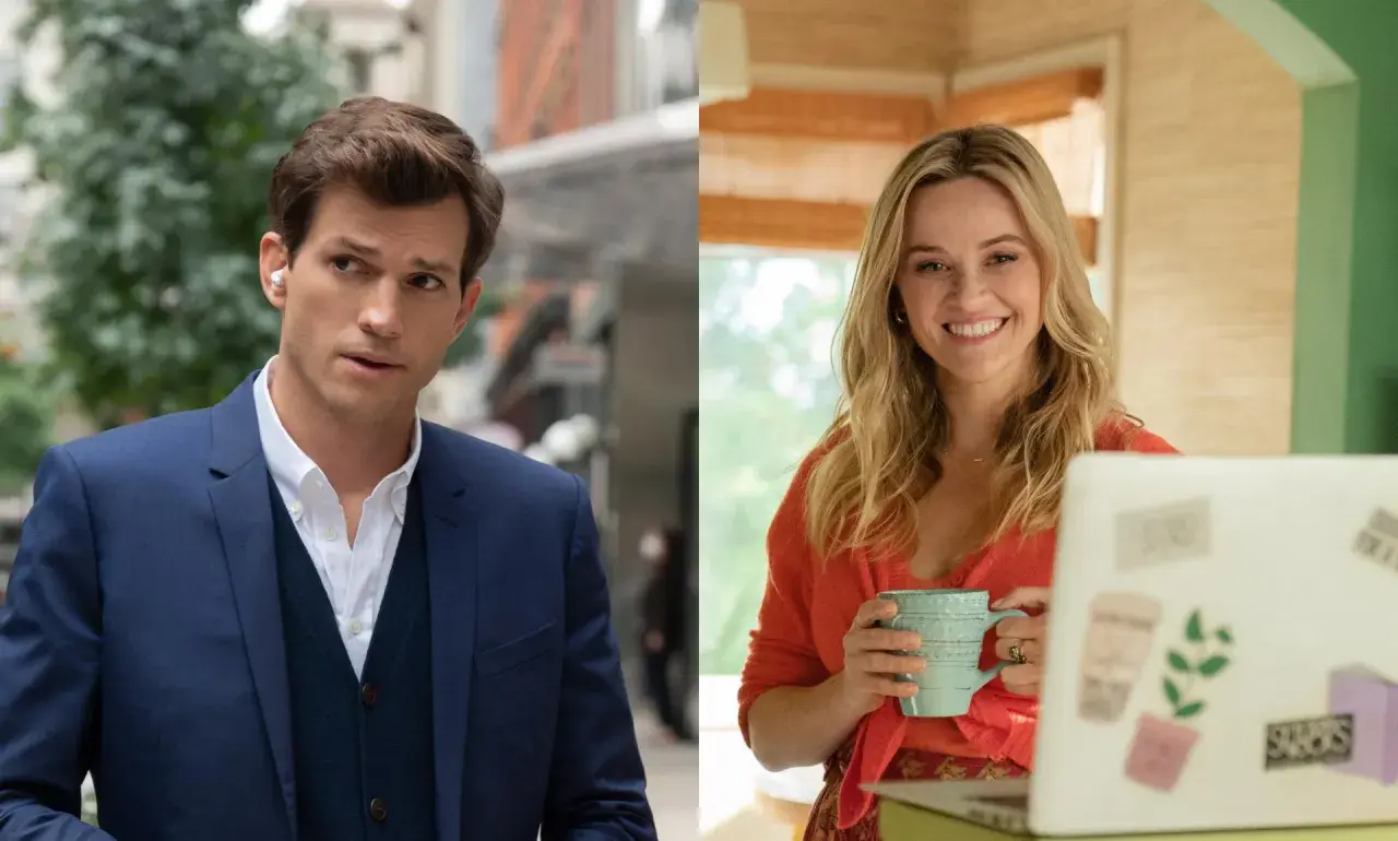 Ashton Kutcher w garniturze i Reese Witherspoon z kubkiem przy laptopie. Gwiazdor znany z wielu filmów, seriali i programów.