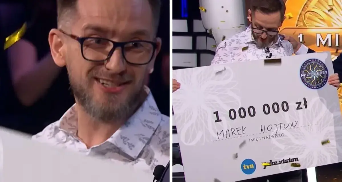Marek Wojtun, milionerzy kto wygrał milion, trzyma gigantyczny czek na 1 000 000 zł.