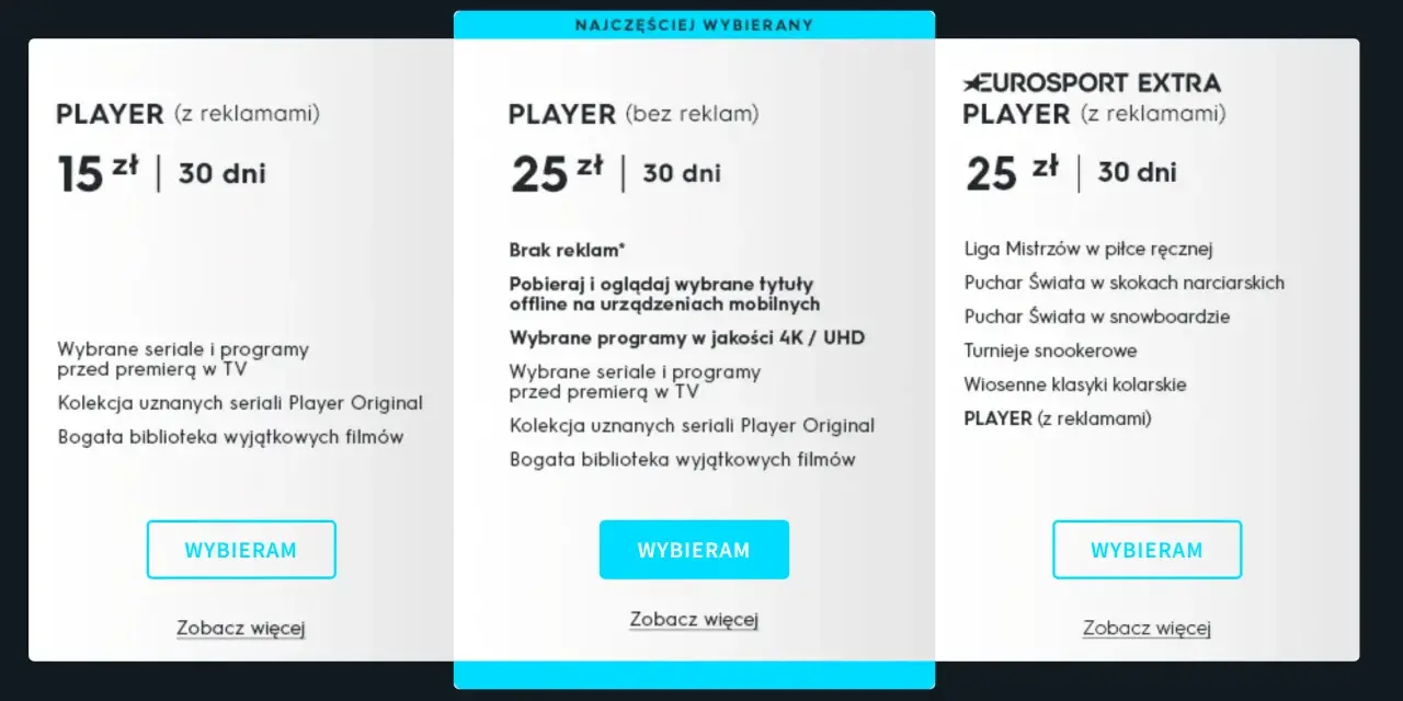 Porównanie cen pakietów Player: 15 zł z reklamami, 25 zł bez reklam i 25 zł z Eurosportem. Sprawdź, która hbo max cena jest dla Ciebie najlepsza.