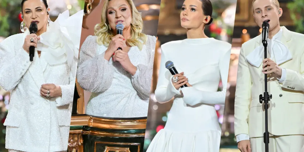 Artyści w białych strojach na scenie. Czy to świąteczne wydanie "Jaka to melodia"?