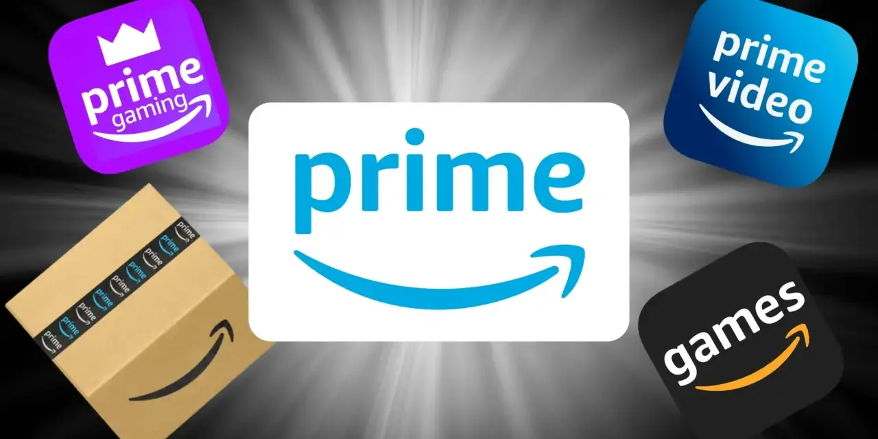Logo Amazon Prime, Prime Video, Prime Gaming i paczka z taśmą Prime. Sprawdź aktualną prime video cena!