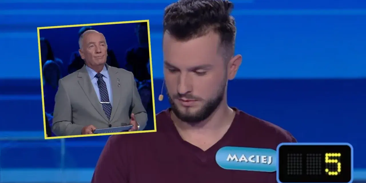 Maciej w Familiadzie zastanawia się, jakie mamy rodzaje mąki. Prowadzący w garniturze trzyma tablet.