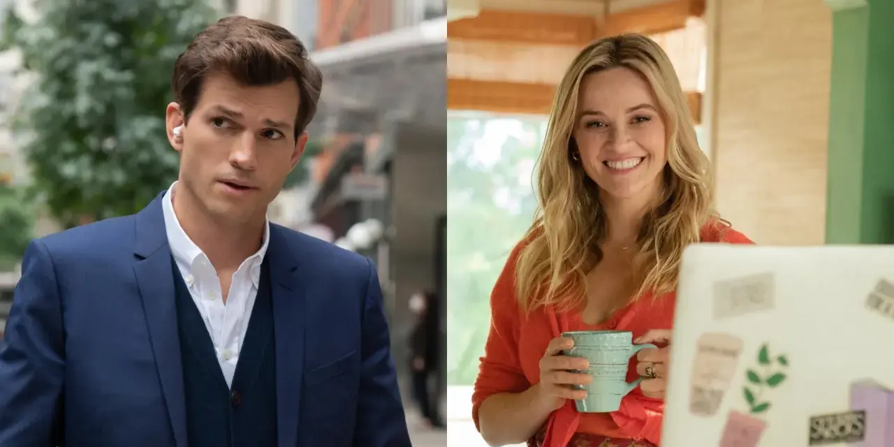 Ashton Kutcher w garniturze i Reese Witherspoon z kubkiem przy laptopie. Gwiazdor znany z wielu filmów, seriali i programów.