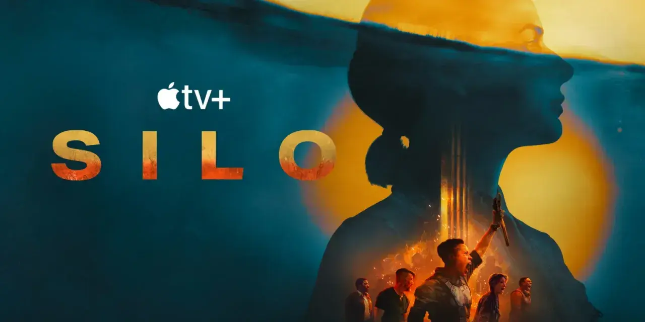 Logo Silos sezon 2. Sylwetka kobiety na tle podwodnego świata i grupy ludzi.