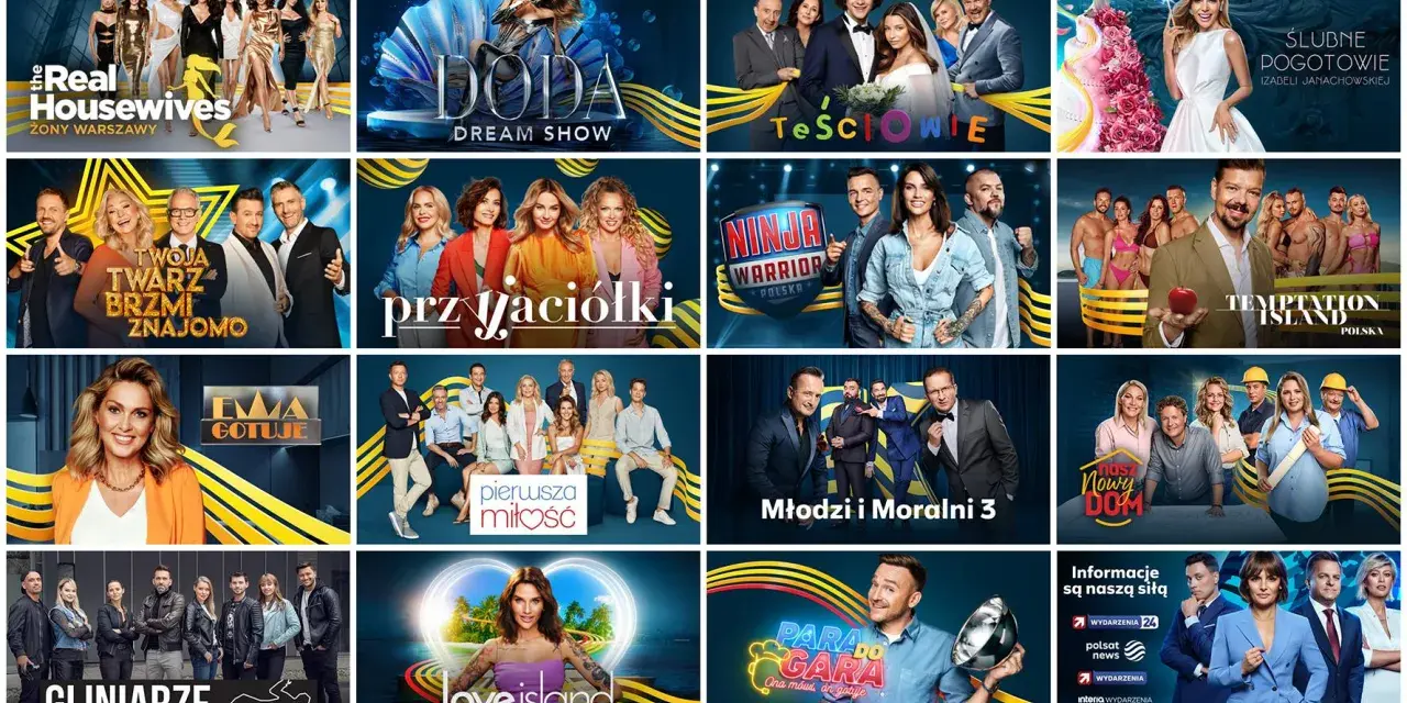Kolaż programów telewizyjnych, w tym "The Real Housewives", "Doda Dream Show" i "Ninja Warrior Polska", przypominający ofertę kanału Nickelodeon.