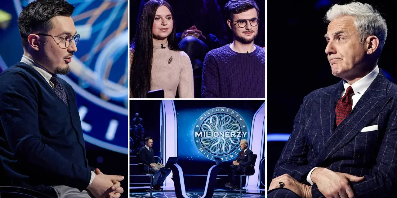 Uczestnicy i prowadzący w programie "Milionerzy" w TV. Widzowie czekają na emocje i wielkie wygrane.
