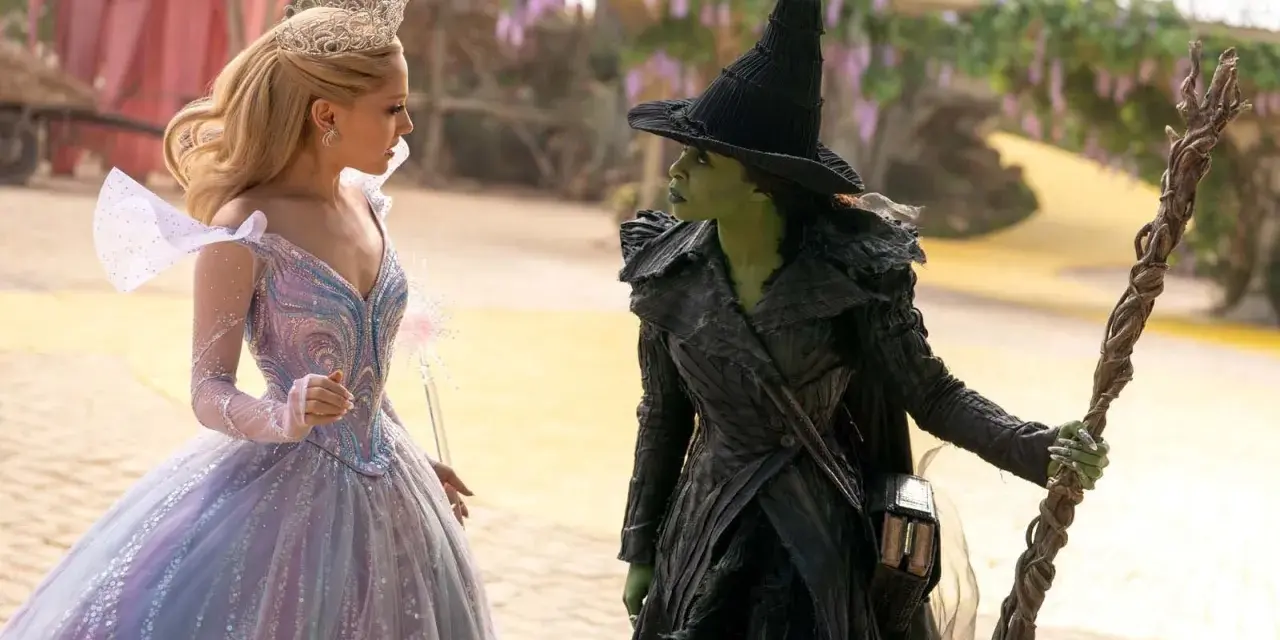 Glinda i Zielona Wiedźma w krainie Oz. Chcesz wiedzieć, **wicked gdzie obejrzeć**?