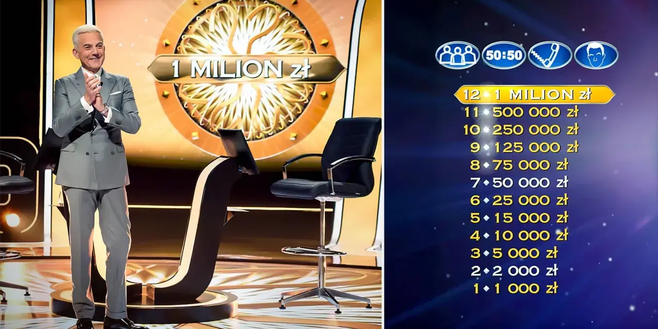 Prowadzący w studio "Milionerów" czeka na pytanie za milion. Na ekranie widoczna jest drabinka nagród.