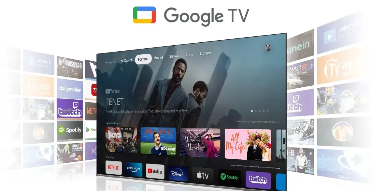 Nowoczesny telewizor z interfejsem Google TV, prezentujący filmy i aplikacje. Odkryj świat rozrywki na swoim ekranie.