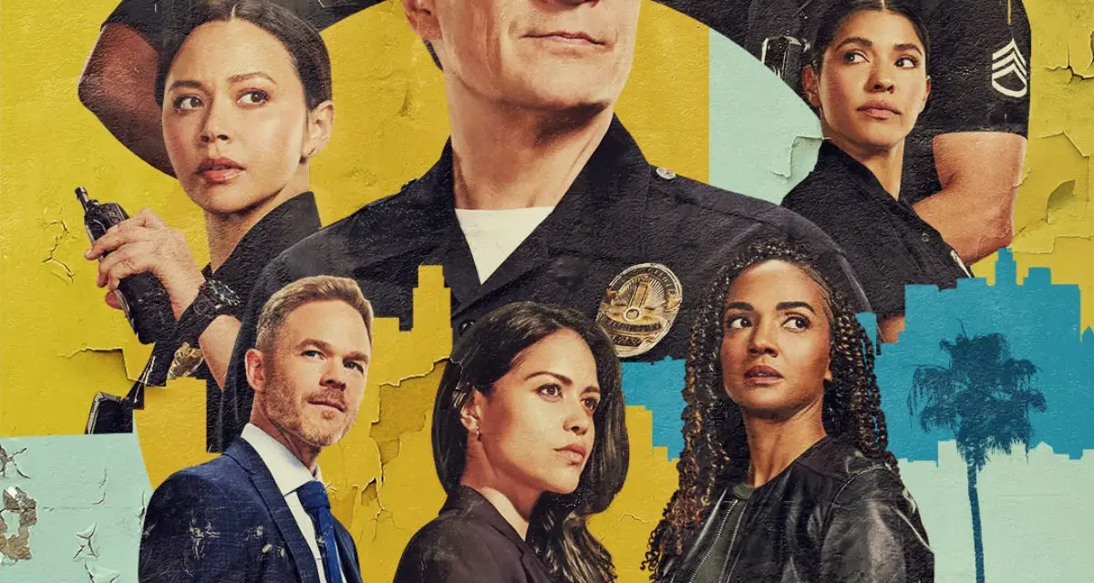 Plakat "Rekrut sezon 7". Zbliżenie na twarze policjantów z serialu, w tym Nathan Fillion.