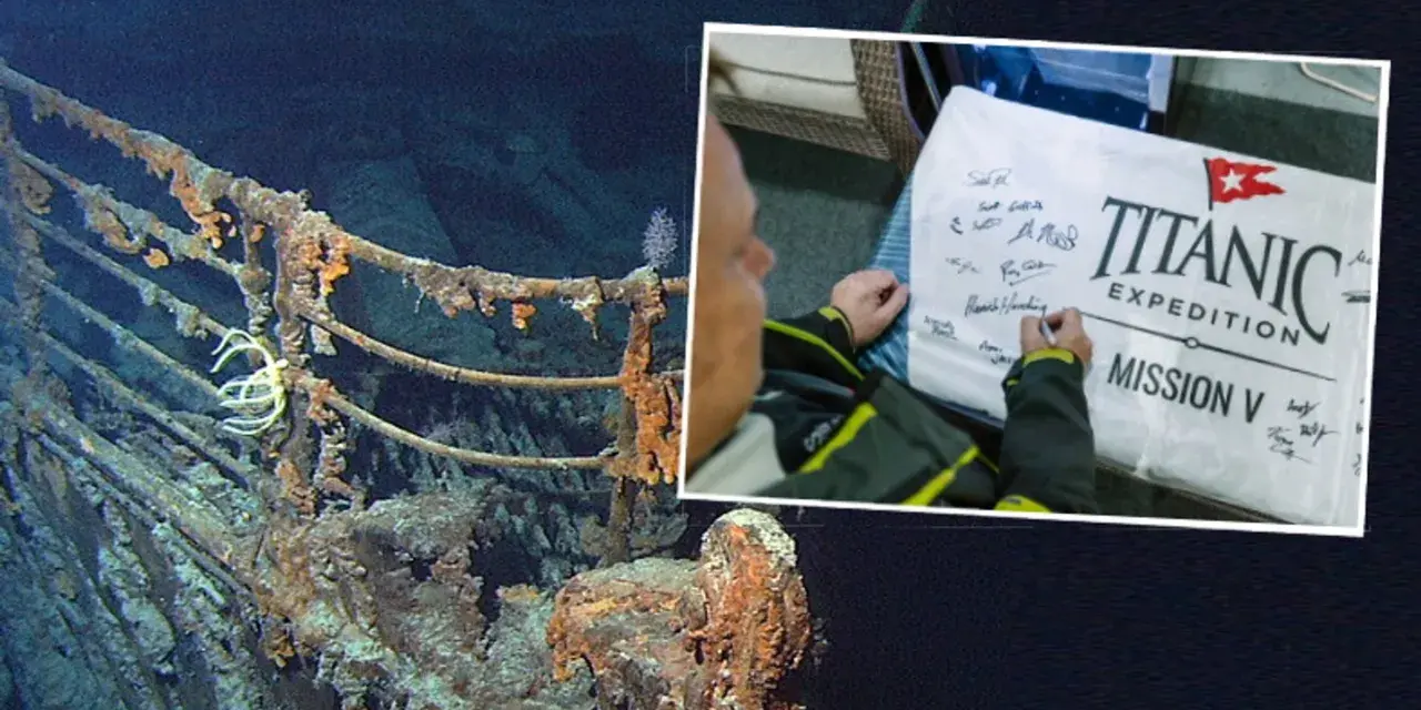 Wraki Titanica na dnie oceanu i podpis na banerze "Titanic Expedition Mission V". Chcesz wiedzieć, gdzie obejrzeć film o tej wyprawie?