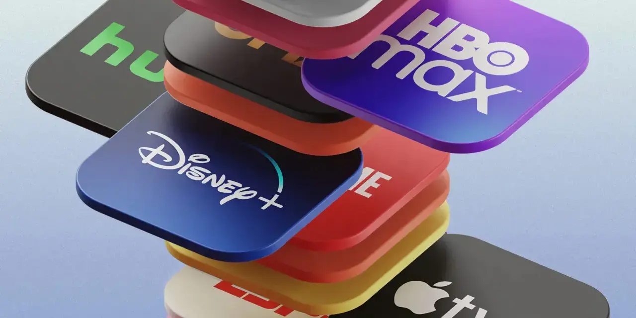 Stos ikon serwisów streamingowych: Disney+, HBO Max, Hulu, Apple TV+ i inne.