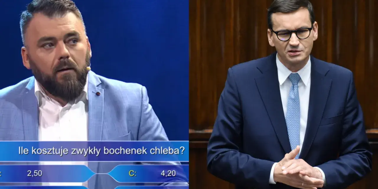 Uczestnik teleturnieju pyta, po ile chleb milionerzy. Obok polityk w garniturze.