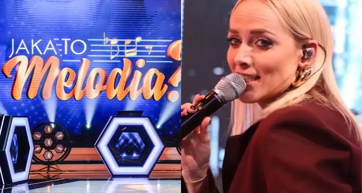 Jan Radwan śpiewa w programie "Jaka to melodia?". Na scenie widać neonowe dekoracje i logo programu.