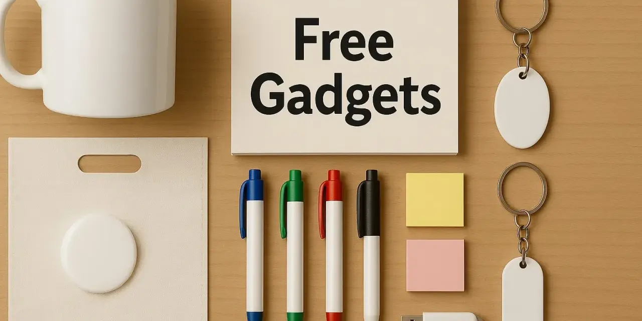 Darmowe gadżety, jakimi reklamują się firmy: kubek, torba, długopisy, pendrive, breloki, notatnik z napisem "Free Gadgets" i ołówek.