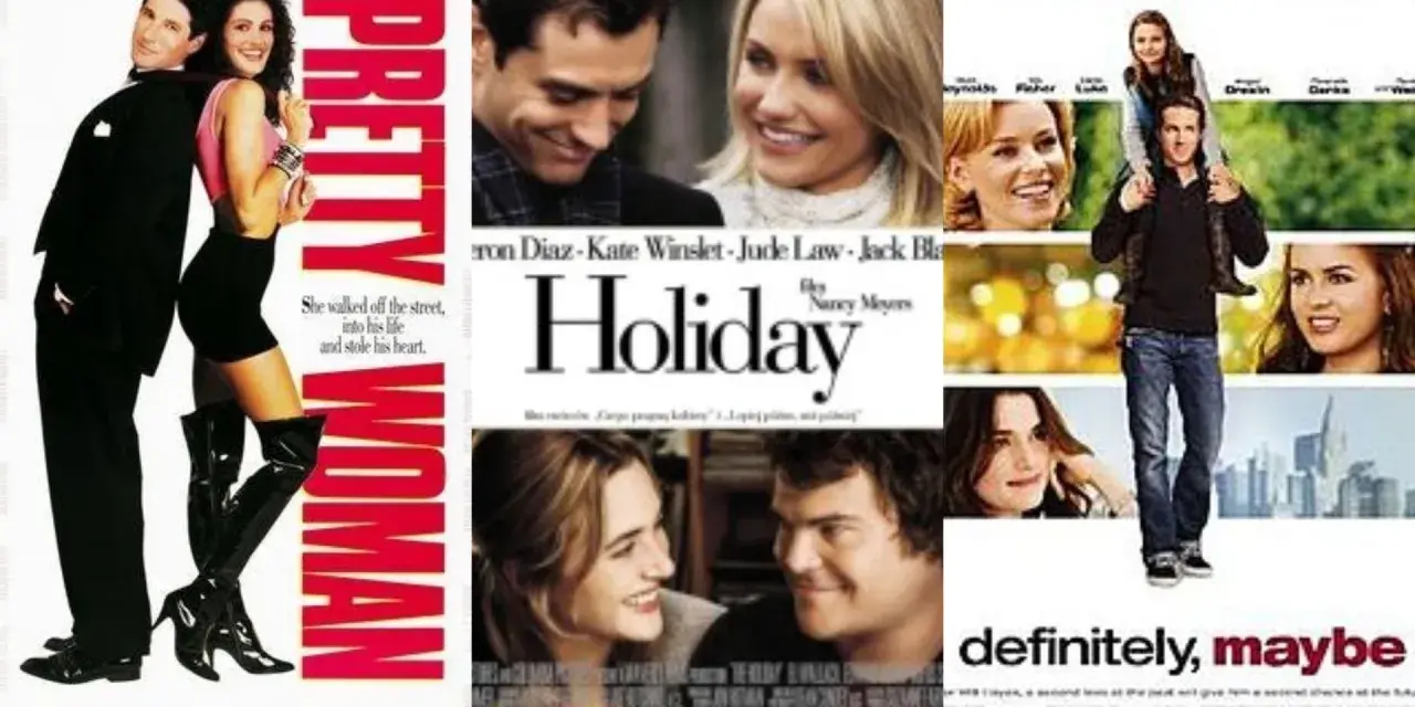 Plakaty filmowe: "Pretty Woman", "Holiday" i "Definitely, Maybe" – klasyczne komedie romantyczne.