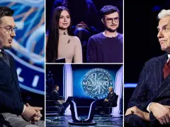 Uczestnicy i prowadzący w programie "Milionerzy" w TV. Widzowie czekają na emocje i wielkie wygrane.