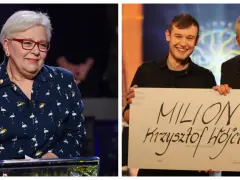 Krzysztof Hołczyk wygrał milion w Milionerach. Na zdjęciu on z prowadzącym i inna uczestniczka.