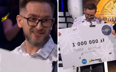 Marek Wojtun, milionerzy kto wygrał milion, trzyma gigantyczny czek na 1 000 000 zł.