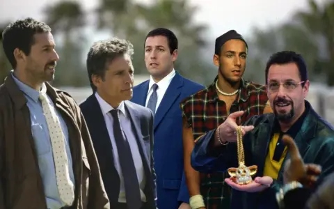 Adam Sandler w swoich kultowych rolach z filmów. Widać go w różnych stylizacjach, od eleganckiego garnituru po luźniejszy strój z naszyjnikiem.