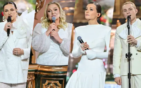 Artyści w białych strojach na scenie. Czy to świąteczne wydanie "Jaka to melodia"?