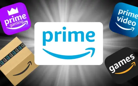 Logo Amazon Prime, Prime Video, Prime Gaming i paczka z taśmą Prime. Sprawdź aktualną prime video cena!