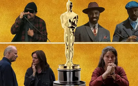 Gwiazdy filmowe w oczekiwaniu na Oscary 2026. Złoty Oscar pośrodku, a wokół niego aktorzy z różnych produkcji.