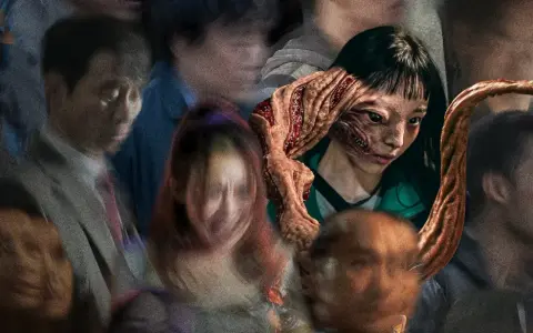Dziewczyna z potwornym pasożytem wychodzącym z twarzy, otoczona przez zamazane postacie. Plakat serialu "Głód" (ang. "The Host") na Netflix.