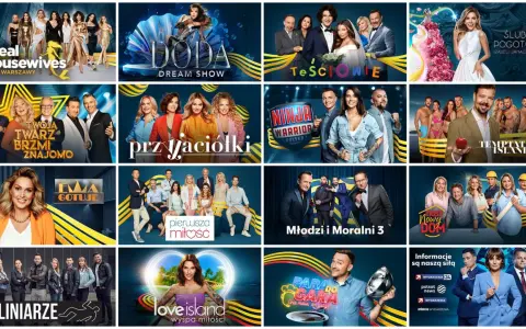 Kolaż programów telewizyjnych, w tym "The Real Housewives", "Doda Dream Show" i "Ninja Warrior Polska", przypominający ofertę kanału Nickelodeon.