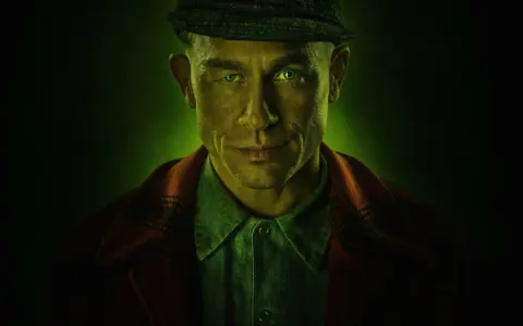 Mężczyzna z zielonymi oczami i czapką na głowie, w tle zielona poświata. Zapowiada mroczne seriale kryminalne Netflix.