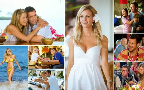 Obsada "Żona na niby" w komediowych scenach. Adam Sandler i Jennifer Aniston w romantycznych i zabawnych momentach.