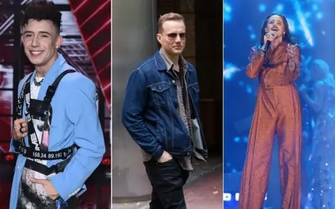Trzech polskich piosenkarzy: młody artysta w błękitnej marynarce, mężczyzna w dżinsowej kurtce i kobieta w błyszczącym kombinezonie na scenie.
