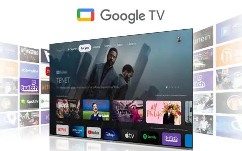 Nowoczesny telewizor z interfejsem Google TV, prezentujący filmy i aplikacje. Odkryj świat rozrywki na swoim ekranie.
