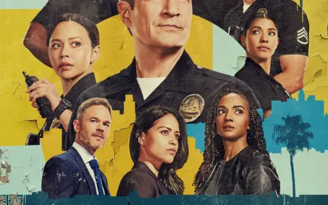 Plakat "Rekrut sezon 7". Zbliżenie na twarze policjantów z serialu, w tym Nathan Fillion.