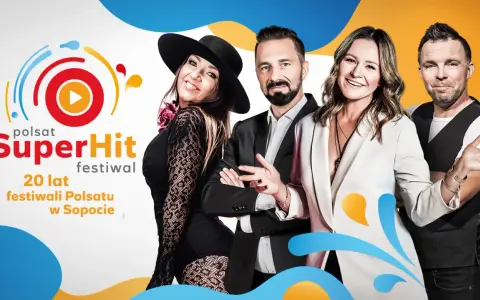 Polsat SuperHit Festiwal: 20 lat festiwali Polsatu w Sopocie. Uśmiechnięci prowadzący i artystka w kapeluszu.