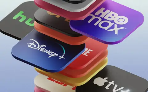 Stos ikon serwisów streamingowych: Disney+, HBO Max, Hulu, Apple TV+ i inne.