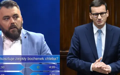 Uczestnik teleturnieju pyta, po ile chleb milionerzy. Obok polityk w garniturze.