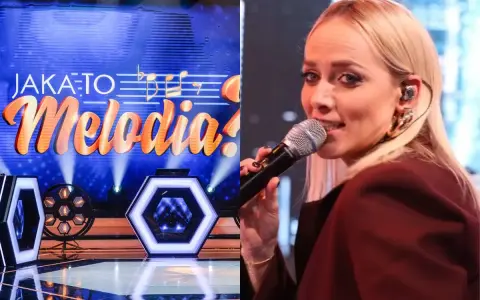 Jan Radwan śpiewa w programie "Jaka to melodia?". Na scenie widać neonowe dekoracje i logo programu.