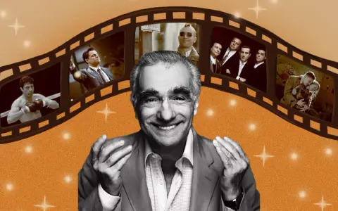 Uśmiechnięty Martin Scorsese na tle klatki filmowej z fragmentami jego kultowych filmów: "Chłopcy z ferajny", "Taksówkarz", "Wściekły byk".