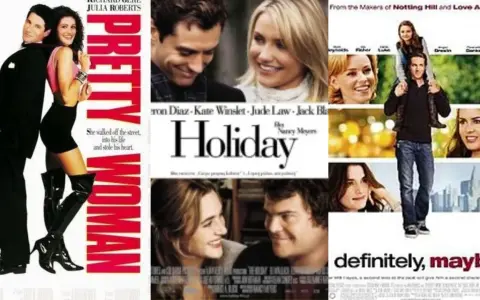 Plakaty filmowe: "Pretty Woman", "Holiday" i "Definitely, Maybe" – klasyczne komedie romantyczne.