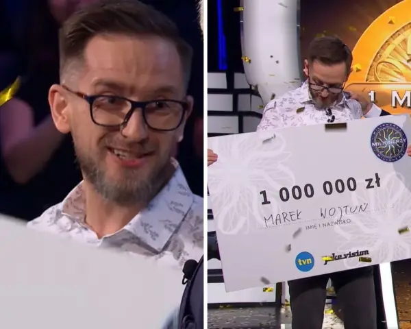 Marek Wojtun, milionerzy kto wygrał milion, trzyma gigantyczny czek na 1 000 000 zł.