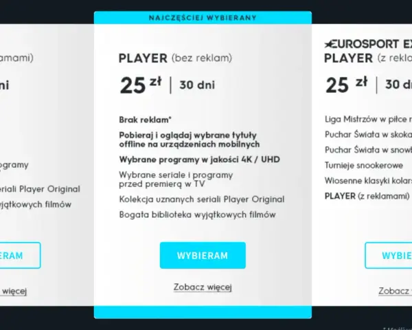 Porównanie cen pakietów Player: 15 zł z reklamami, 25 zł bez reklam i 25 zł z Eurosportem. Sprawdź, która hbo max cena jest dla Ciebie najlepsza.