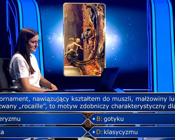 Uczestniczka "Milionerzy o której godzinie" odpowiada na pytanie o ornament rocaille.