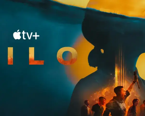 Logo Silos sezon 2. Sylwetka kobiety na tle podwodnego świata i grupy ludzi.