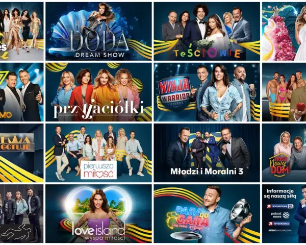 Kolaż programów telewizyjnych, w tym "The Real Housewives", "Doda Dream Show" i "Ninja Warrior Polska", przypominający ofertę kanału Nickelodeon.