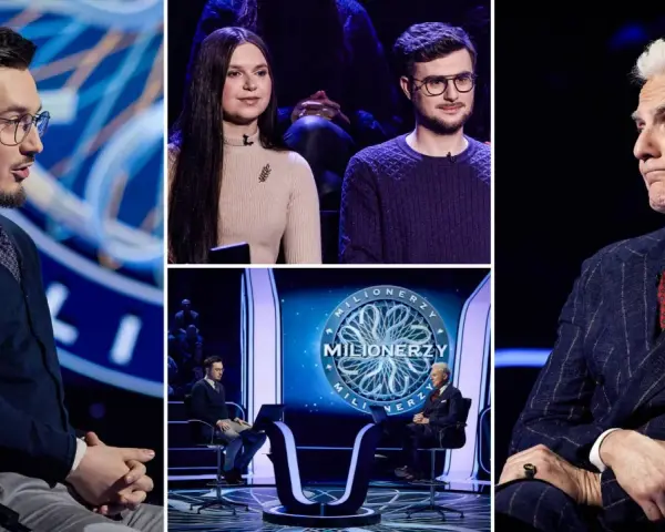 Uczestnicy i prowadzący w programie "Milionerzy" w TV. Widzowie czekają na emocje i wielkie wygrane.