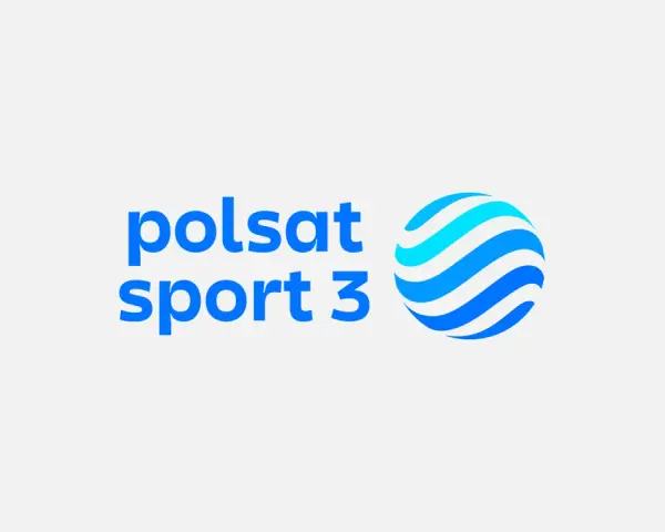 Logo Polsat Sport 3. Niebieski napis "polsat sport 3" obok stylizowanej kuli z niebieskimi pasami.