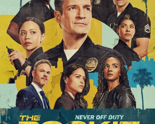 Plakat "Rekrut sezon 7". Zbliżenie na twarze policjantów z serialu, w tym Nathan Fillion.